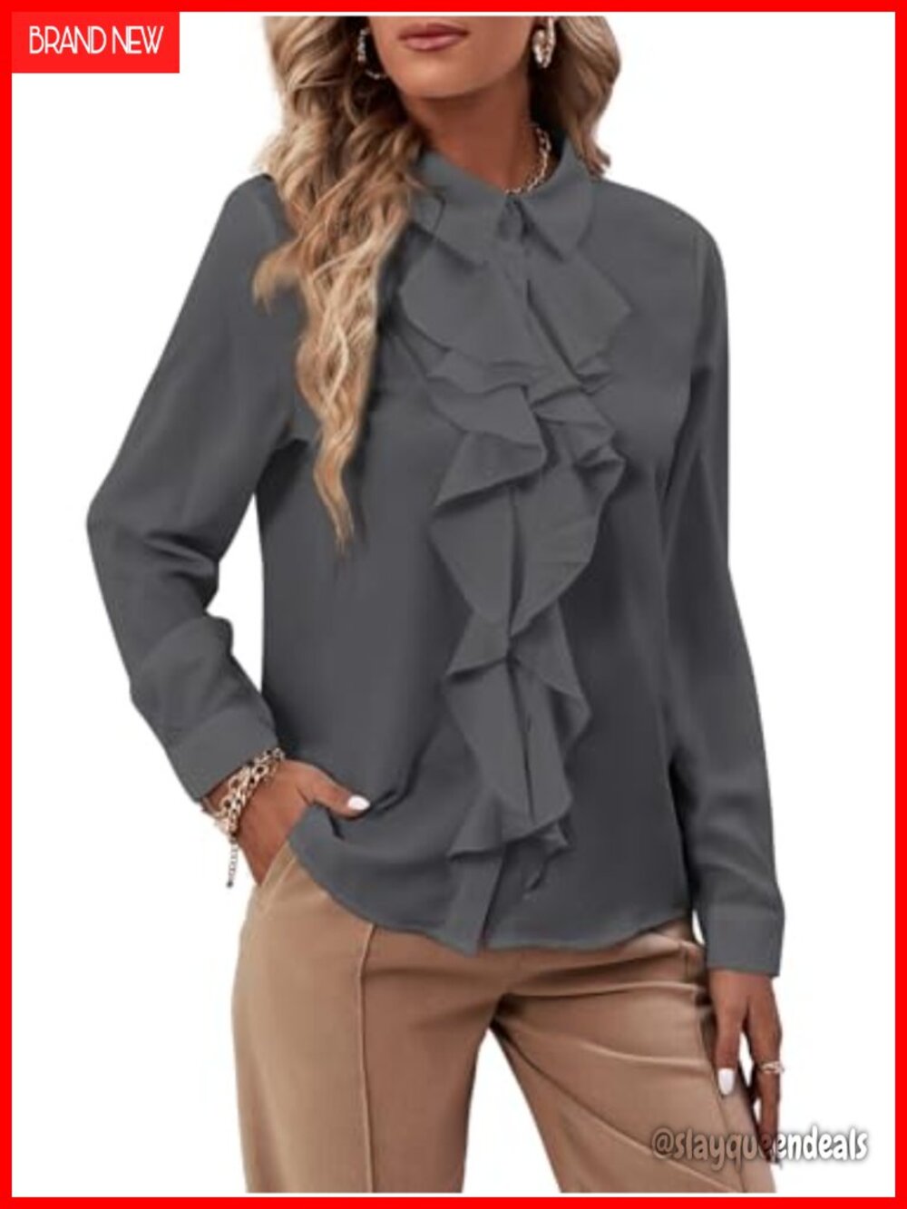 LYANER Women's Ruffle Front Button Down Blouse Collared Long Sleeve
